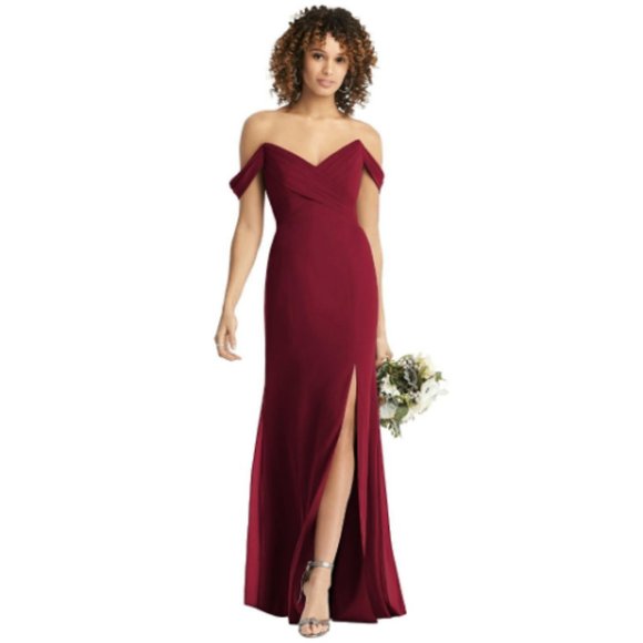 SOCIAL Bridesmaids Full Length Off Shoulder Cabernet Chiffon Dress NEW Size 16 - Picture 1 of 14